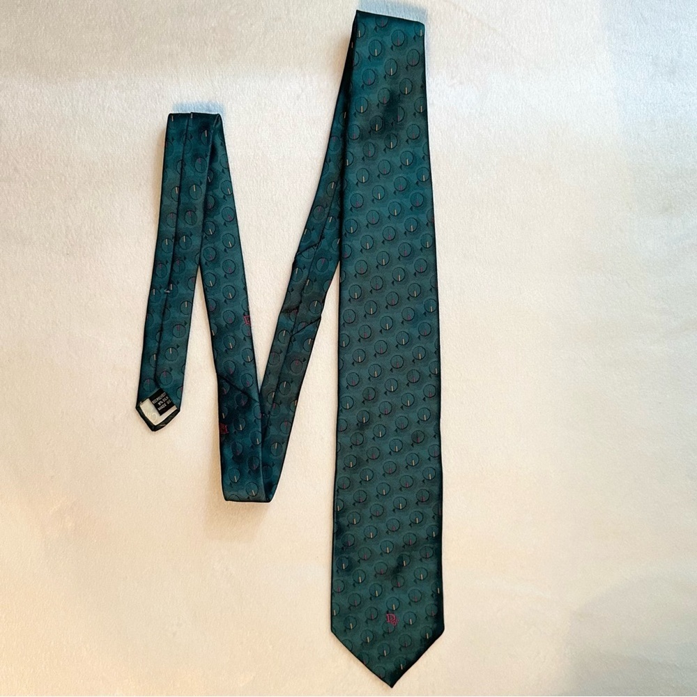 Vintage Christian Dior Monsieur Poly Silk Mens Neck Tie Teal Green Circles NWT - Picture 2 of 7